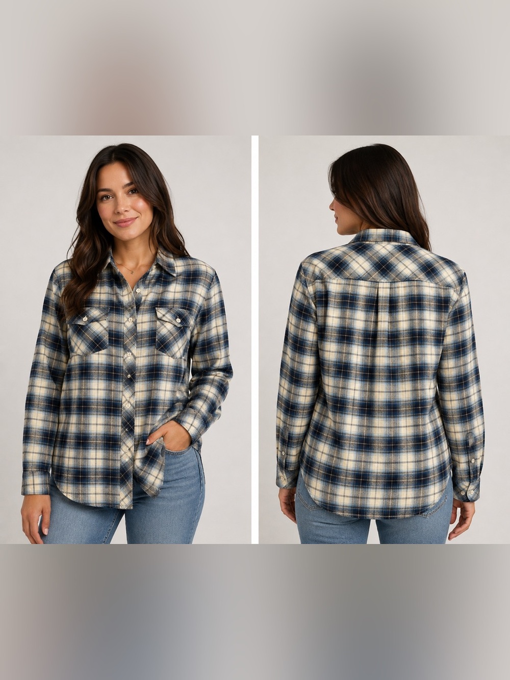 Women's Blue Plaid Button-Down Shirt - Classic Long-Sleeve